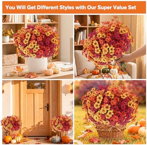 Powbrace 22 Pack Artificial Fall Flowers Mums for Outdoor Indoor(Fall Mix) - Image 3