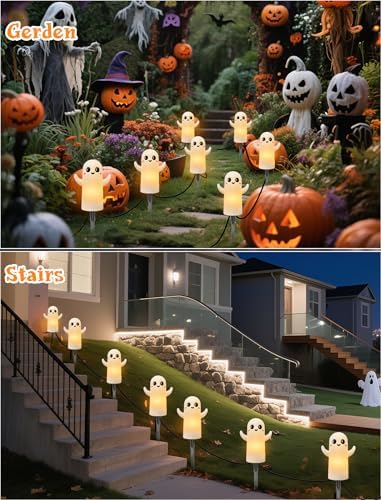 Oviejo 4 Pack Halloween Ghost Pathway Lights, 7FT LED Stake Lights Plug in - Image 4
