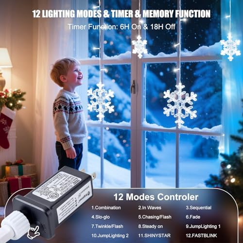 Minetom Christmas Snowflake Icicle Lights - 13ft 192LED Snowflake Drops, 12 Modes and Timer, IP65 Waterproof Connectable Christmas Lights for House Eave Window Indoor Outdoor, White - Image 2