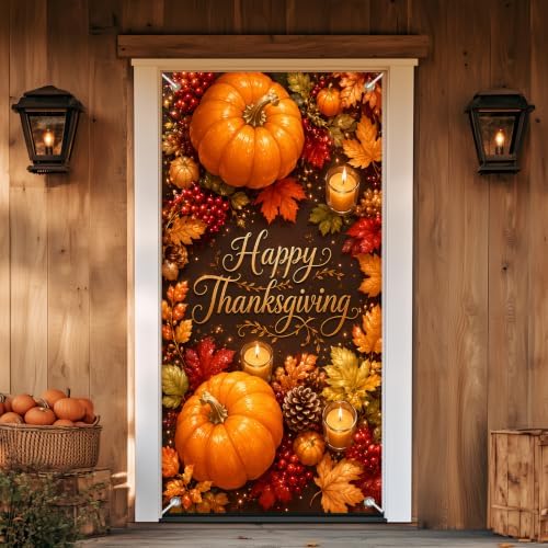 BlissYard Thanksgiving Door Cover Pumpkin Leaves 35 x 71 Inch by BlissYard
