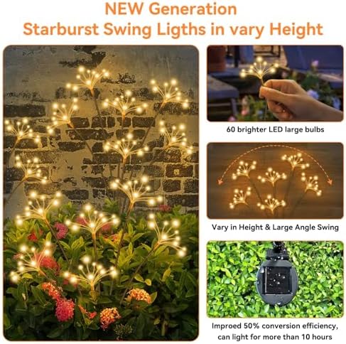 JJGoo Solar Garden Lights, New Upgraded 6 Pack Solar Swaying Starburst Light, Waterproof Fireworks Outdoor Lights, Yard Patio Pathway Decoration, Warm White - Image 4