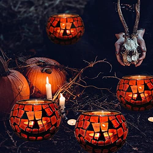 SHMILMH Halloween Candles Holder Set of 4, Grimace Tealight Holders, Handmade Mosaic Pumpkin Glass Votive Candle Holders for Halloween Table Centerpiece Home Decor - Image 4