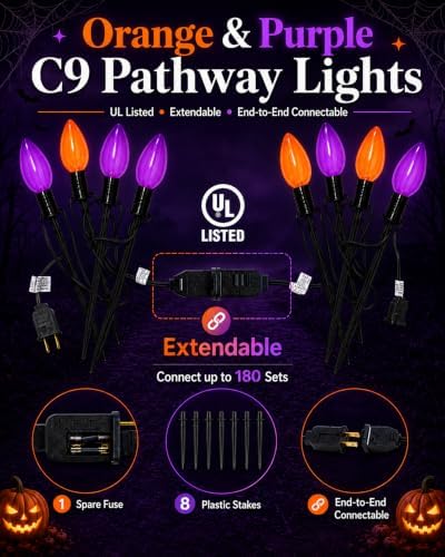 Jumbo C9 Halloween Pathway Lights, 4 LED Stakes, Orange and Purple - Image 3