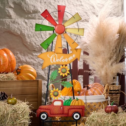 TERESA'S COLLECTIONS Fall Outdoor Decor, Wind Spinners Yard Stakes, Metal Pumpkin Fall Garden Decorations, Thanksgiving Welcome Sign, Rustic Autumn Sunflower Decor for Lawn Patio, 26" - Image 4