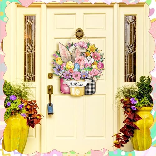 Boao Happy Easter Door Sign Decor for Frontdoor Easter Bunny Egg Welcome Wooden Door Signs Floral Spring Hanging Sign Bunny Rabbit Wreath for Farmhouse Decorations Spring Party Indoor Outdoor Decor - Image 3