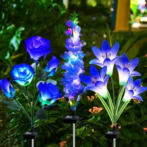 MRHEPHAESTUS Solar Garden Lights, 6 Pack Solar Flowers Lights with Lily Rose Delphinium, Waterproof Gardening Gifts for Mom Grandma Women,Multi-Color Changing Outdoor Light for Garden Yard Patio Lawn by MRHEPHAESTUS