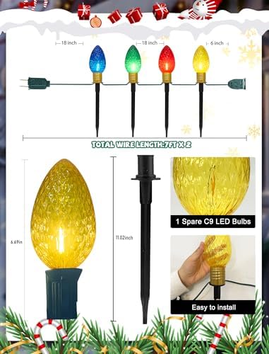 Jumbo C9 Christmas Pathway Lights Outdoor, 2 Pack 7FT Christmas Yard Decorations with 8 Jumbo C9 LED Strawberry Multicolor Bulbs Christmas Walkway Lights for Outside Holiday Lawn Garden Driveway Decor - Image 2