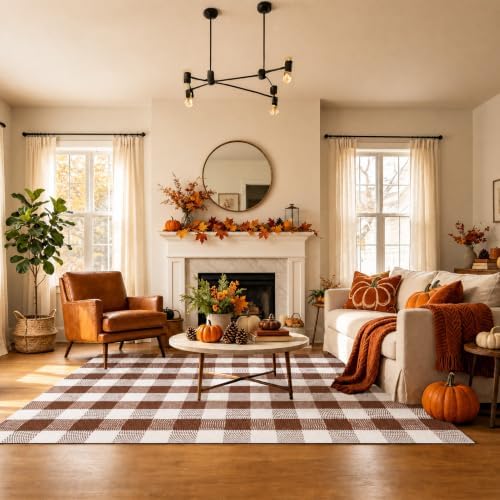 Buffalo Plaid Area Rug 5x7 Ft, Brown White Indoor Outdoor Rug - Image 6
