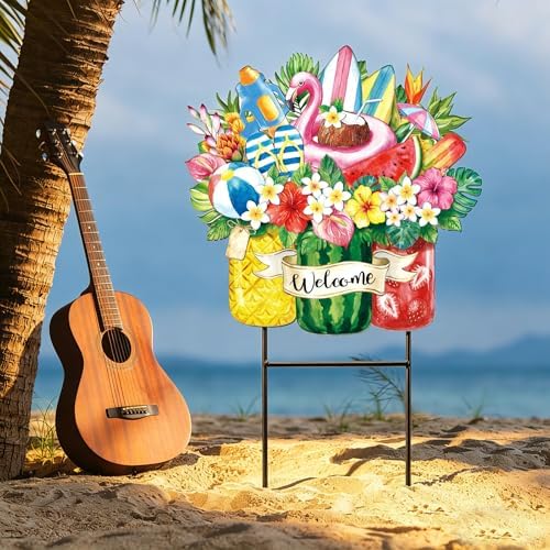 Amyhill Summer Tropical Outdoor Decor Garden Stakes Metal 25 Inch Hawaiian Luau Welcome Yard Signs Decorations Outdoor Tropical Decorative Garden Stakes Patio Lawn Walkway Backyard Porch Decorations - Image 5