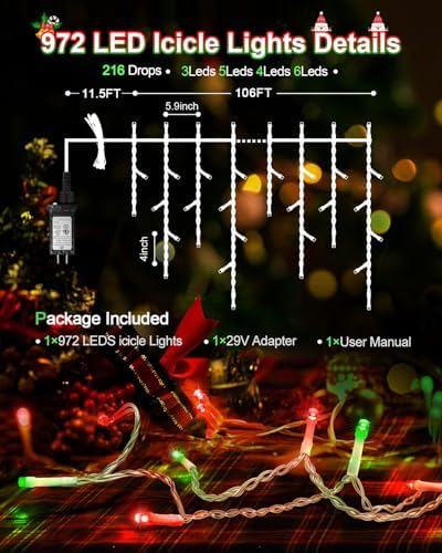 106 FT Christmas Lights Outdoor, 972 LED Waterproof Outside Christmas Lights Plug in, Connectable 8 Modes Hanging Fairy Lights with 216 Drops for House Eaves Yard Patio Decoration, Red and Green - Image 6