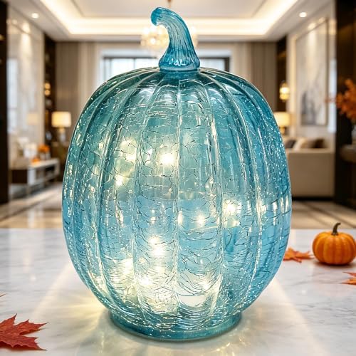 Fall Decorations for Home,Crackled Glass Pumpkin Lights with Timer(Blue) by CFDECORCandlesandHolders