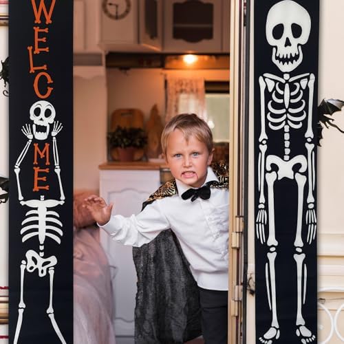 Halloween Banner Decorations Outdoor Indoor Happy Halloween Decor Trick or Treat Decorative Hanging Banners Porch Welcome Signs for Front Door Outside Yard Garland Party Supplies (Skeleton-Welcome) - Image 3