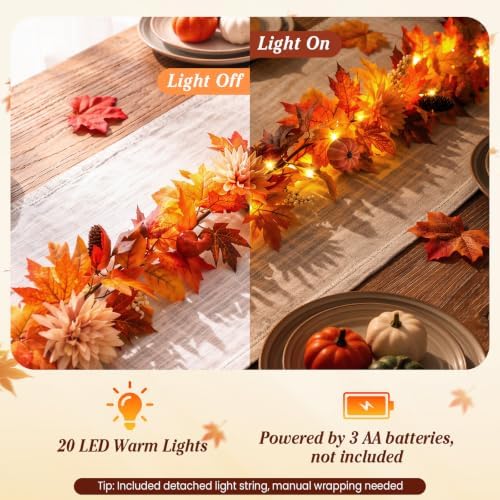 Lewondr 6ft Fall Garland with Lights for Mantel, 20 LED, Fruits & Dahlia - Image 3