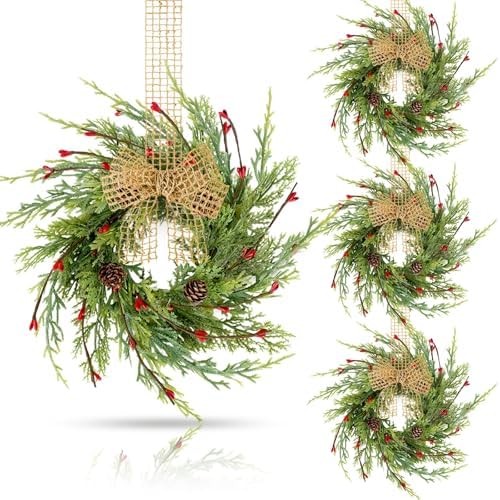 4 Pcs 9 Inch Christmas Wreaths for Kitchen Cabinet Artificial Cedar Pine Hanging Wreath with Red Berries Pine Needles for Front Door Xmas Swag Wreaths for Christmas Winter Farmhouse Home Decorations by Unknown