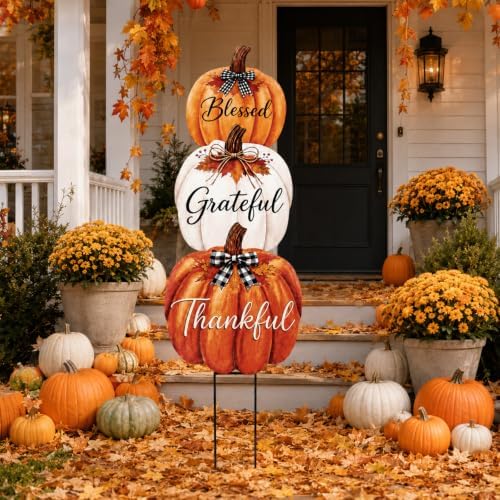 3Pcs Thanksgiving Outdoor Fall Decor Metal Pumpkin Yard Sign Porch Stake by OBUSATT