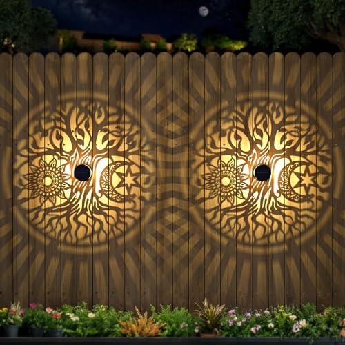2 Pack Large Solar Fence Lights Metal Solar Powered Outdoor Wall Deck Step Lights Tree Theme Waterproof Fence Light for Garden Post Patio Backyard Yard Decor, Gardening Gifts for Women Mom Grandma by gardencave