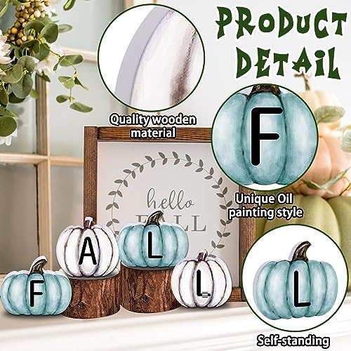 YUJUN 4 Pieces Fall Pumpkin Wooden Signs Decoration,Blue Autumn Tiered Tray Pumpkin Tabletop Decor for Thanksgiving Fall Home Kitchen Harvest Party Decor Supplies - Image 3