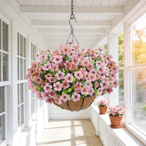 Artificial Hanging Flower Plants with Pot Planter, 12 Bundles Fake Flowers Uv Resistant Artificial Outdoor Flowers for Spring Summer Yard Porch Patio Garden and Home Decoration - Pink - Image 6