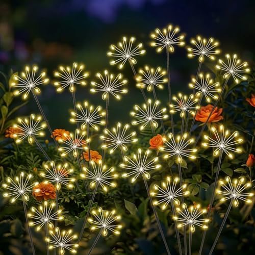Solar Garden Lights Outdoor, Upgraded Solar Swaying Starburst Light Waterproof with 2 Modes, Solar Fairy Firework Lights for Yard Patio Pathway Flowerbed Balcony Garden Decoration (Warm White, 4 Pack) by AYwyYjCh