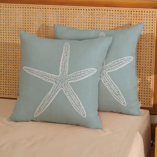 Seafoam Blue Starfish Pillow Covers 18x18 Inch Set of 2 Summer Coastal Throw Pillows Nautical Ocean Beach Theme Decorative Pillowcase Linen Outdoor Decor Cushion Case for Couch Sofa Bedroom - Image 3