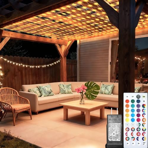 Lovelite 8ft x 8ft Net Lights Outdoor, 196LED 35 Colors Changing Gazebo Net Lights Clear Wire, Connectable Fairy Lights Waterproof for Patio Pergolas Backyard Bush Christmas Halloween Wedding Party by Lovelite