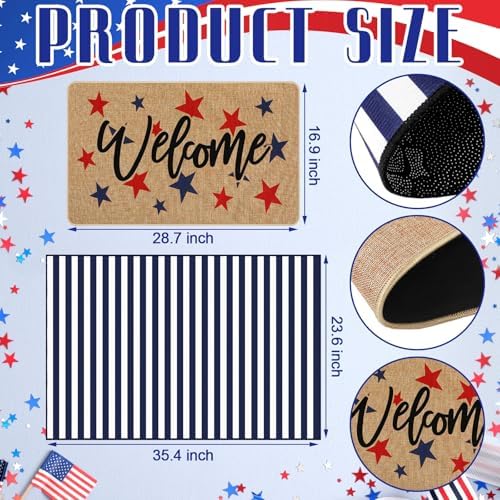 Tinideya 2 Pcs 4th of July Door Mat Outdoor Patriotic 250th Anniversary Welcome Doormat for Front Door Linen Rubber Layered USA Red White Blue Rug Nonslip Independence Day Decor for Porch Entryway - Image 2
