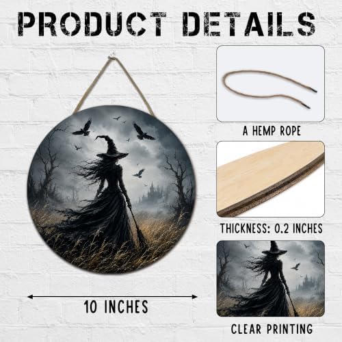 Halloween Gothic Witch Round Door Sign, 10 Inch Wooden Hanging Plaque with Rope, Rustic Retro Wall Decor for Home Porch Entryway Halloween Party Decoration - A07 - Image 2