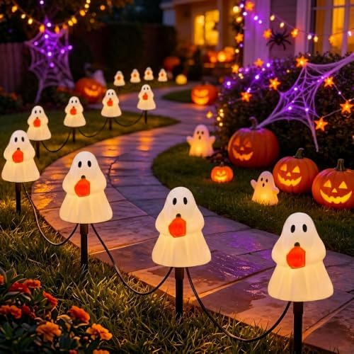 Halloween Ghost Pathway Lights Outdoor, 7Ft C7 Halloween Decorations Pathway String Lights with 4 Elves Holding Pumpkin Walkway Lights Waterproof, Plug-in Night Lights for Porch Yard Patio Garden by Kivonfa