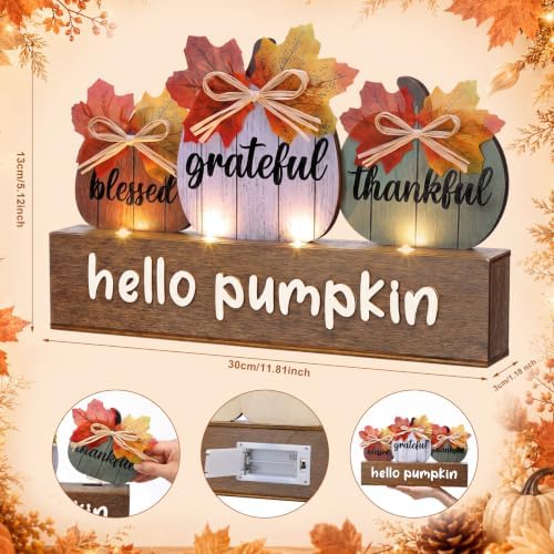 Yookeer Fall Pumpkin Decoration Lighted Vintage Fall Table Centerpiece LED Autumn Tabletop Decor Wood Thankful Grateful Blessed Harvest Farmhouse Hello Pumpkin Table Sign for Autumn Thanksgiving Home - Image 2