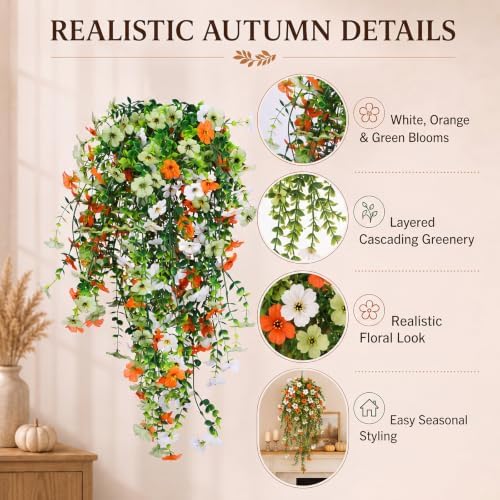 6 Pcs Fall Artificial Hanging Flowers Outdoor, Beige,Green Orange - Image 3