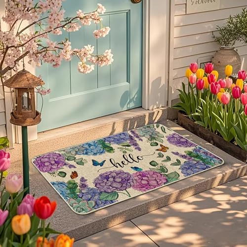 Welcome Spring Door Mat Hydrangea Flowers Doormat Indoor Outdoor Entrance Summer Decor Outdoor Rug Low-Profile Floor Rug Non Slip Spring Summer Decor Rubber Mats for Home Decoration 17x29Inch - Image 5