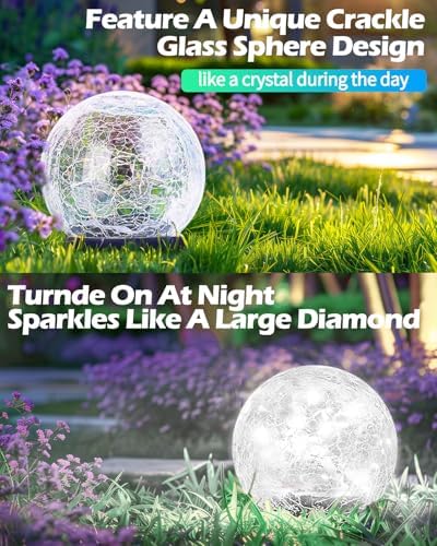 Garden Solar Ball Lights Outdoor Waterproof, 80 LED Cracked Glass Globe Ground Lights for Path Yard Patio Lawn, Outdoor Decoration Landscape White (2 Pack 5.9'') - Image 5