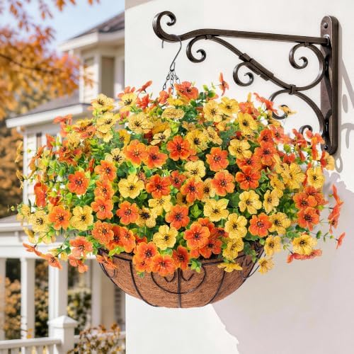 HyeFlora Artificial Fake Hanging Mums Plants Flowers Basket for Fall Autumn Outdoor Decor, Faux Silk Orange Dasiy Flower Look Real UV Resistant for Outside Porch Home Patio Garden Decoration - Image 2