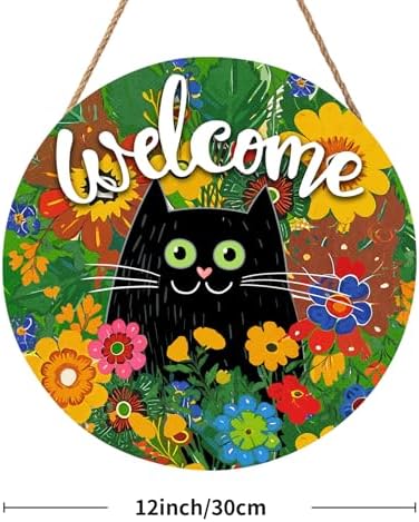 Welcome Spring Summer Black Cat Sign for Front Door Decor Spring Flowers Door Hanger for Outdoor Outside Porch Seasonal Summer Farmhouse Wooden Wreath Colorful Wall Hanging Decoration 12"x12" - Image 2