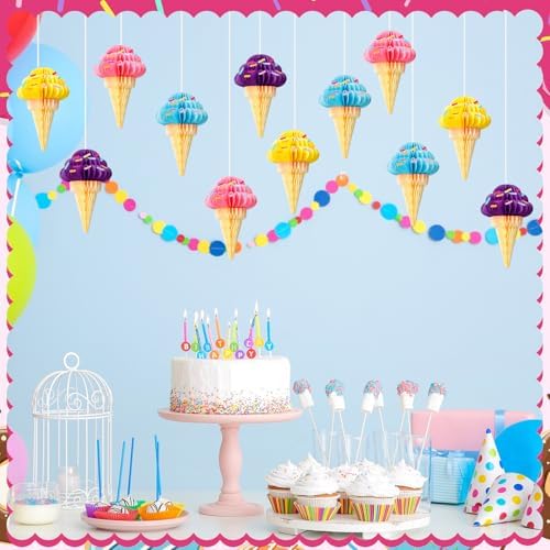 Gueevin 12 Pcs Ice Cream Party Decorations Summer Ice Cream Hanging Honeycomb Balls Decor Tissue Paper Hanging Ceiling Decor for Sweet Party Home Birthday Baby Shower Favor - Image 6