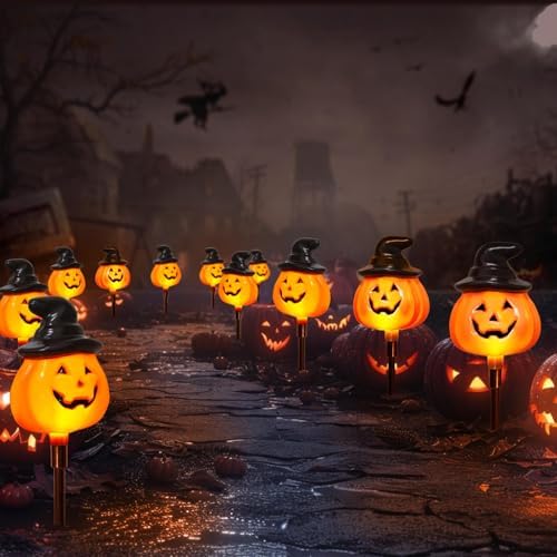 6 Pack Solar Jack O Lantern Stake String Lights - Orange Halloween Pathway Decor for Outdoor Halloween Yard Display - Image 7
