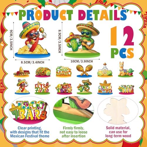 Amyhill 12 Pcs Cactus Table Decorations Wooden Tabletop Centerpiece Wooden Table Sign for Tiered Tray Fiesta Carnival Party - Image 2