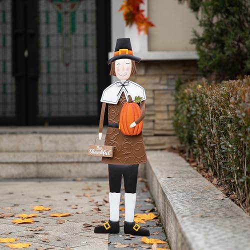 Glitzhome Thanksgiving Yard Stakes Metal Pilgrim Boy Yard Signs Hanging Wall Decors for Thanksgiving Fall Harvest Outdoor Decorations, 36" H - Image 2