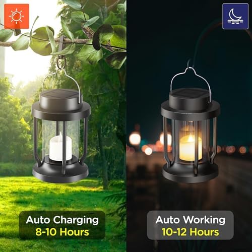 Solar Lantern Outdoor & Indoor Use – Hanging Solar Lights with Realistic Flickering Flameless Candle, Weatherproof for Gardens, Patios, Trees, and Lawns (Black, 1 Pack) - Image 2