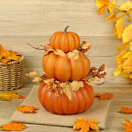 Artificial Pumpkin Fall Décor - Autumn Table Centerpieces with Faux Berries, Maple Leaves, Stacked Pumpkins – Halloween, Thanksgiving & Harvest Home Decoration - Image 3