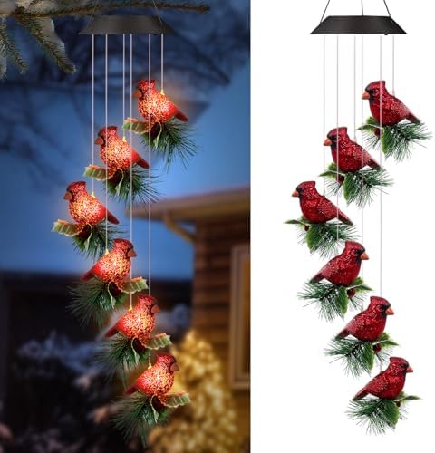 Cardinal Solar Wind Chimes for Outside,Red Bird Danglers Christmas Lights by HomeGardenDecorations
