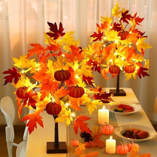 Fall Décor 2 Pack 24 Inch Fall Maple Tree with 48 LEDs Battery Operated Fall Lights with 8 PCS Pumpkin Wooden Hanging Ornaments Artificial Tree for Fall Thanksgiving Home Table Decorations - Image 2