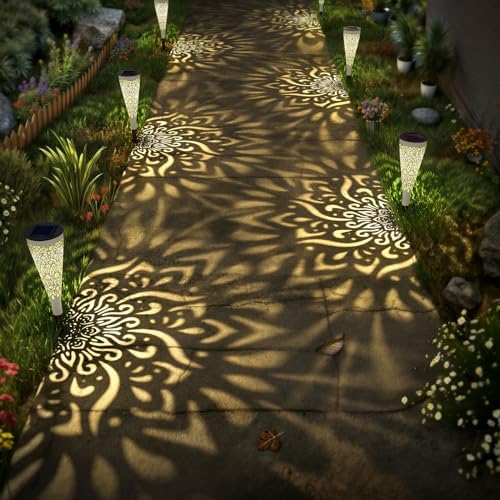 gardencave 6 Pack Solar Lights Outdoor Garden Decorative Mandala Solar Garden Lights with Warm Light Waterproof Solar Pathway Landscape Light for Path Patio Backyard Walkway Yard Decor (White) - Image 3