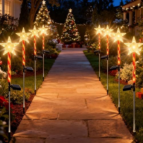 4 Pack Tangle-Free Installation Christmas Solar Pathway Lights Outdoor Decorations, 8 Modes Star Candy Garden Stake Lights Waterproof for Walkway Yard Lawn Porch Holiday Decor (Warm White) - Image 6