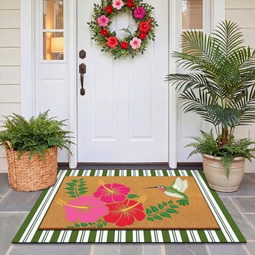 Drydiet 2 Pcs Summer Front Door Mat Set, Hibiscus Coir Striped Doormat - Image 4