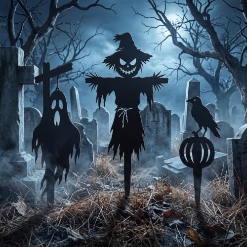 Set of 3 Halloween Scarecrow Ghost Raven Garden Stakes, 12 Inch Yard Art Sculpture, Outdoor Lawn Ornament for Patio, Porch, Backyard Decor (Black) - Image 3