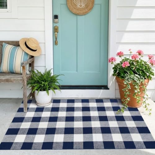 Buffalo Plaid Outdoor Rug 3x5 Ft Navy Blue and White Checkered Area Rug Washable Doormats Indoor Outdoor Rugs for Layered Front Door Mats, Porch, Entryway, Kitchen, Farmhouse by WAYYE