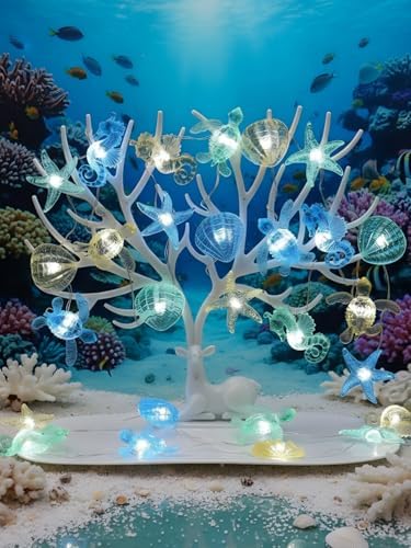 Coastal String Lights, 30 LED Seashell Turtle Seahorse and Starfish Lights, 10FT, Blue and White, Battery Operated, Indoor & Outdoor Decor - Image 2