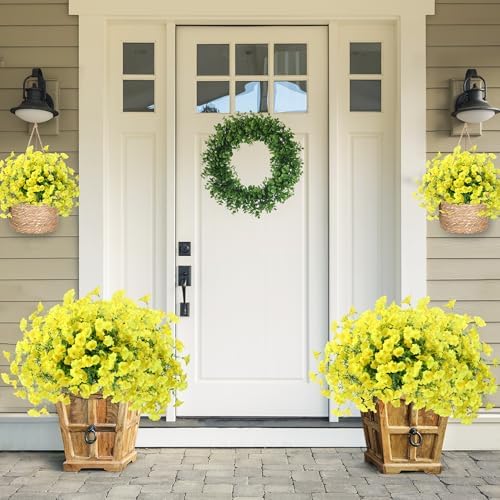 Artificial Flowers for Outdoors 12 Bundles Realistic Faux Plants UV Resistant Fake Silk Morning Glory with Eucalyptus for Front Door Planter Patio Porch Outside Spring Summer Decoration (Yellow) - Image 2