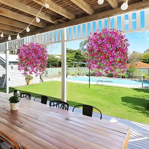 INXUGAO Artificial Hanging Flowers Plants with Basket for Outdoors, Realistic Faux Silk Daisy Flower Eucalyptus for Spring Decor, UV Resistant Fake Plants for Porch Patio Yard Balcony, Purple Violet - Image 5